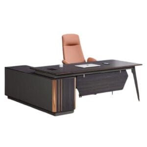Dark Executive Office Desk with Gold Trim & Wall Unit